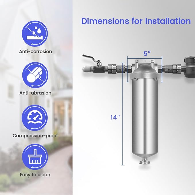 NSF/ANSI 42 Stainless Steel Whole House Water Filter Housing, 10" x 2.5" Sediment Water Filter System for Heavy Duty, Well & City Water, 1/2" NPT Port, Drain Valve Style A(Wing)
