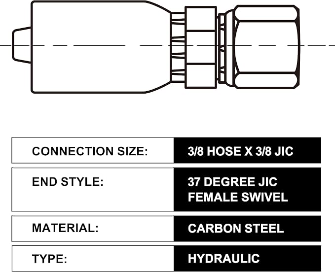 3/8’’ Hose x 3/8’’ JIC 37 Degree Female Swivel Hydraulic Hose Crimp Fittings, 10PCS Set for Single Wire Hydraulic Hose