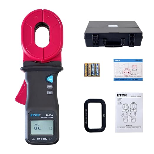 ETCR2000A Digital Clamp Ground Earth Resistance Meter Tester 500Ω | Non-contact clamp-on design enables fast loop resistance measurement without disconnecting ground wires, with 55mm×32mm jaw