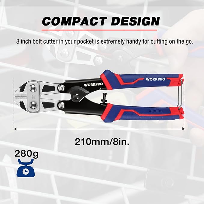 WORKPRO Mini Bolt Cutter 8-inch, Spring Loaded Wire Cutters Heavy Duty with Soft Anti-slip Handle, Small Bolt Cutter, Wire Cable Cutter, Spring Snips Clippers (Upgrade Grip)