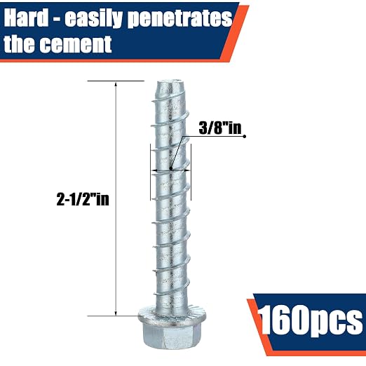 Tandefio 160 Pack 3/8" X 2-1/2" Galvanized Concrete Screws Large Diameter Anchors Concrete Screw Anchor Bolts Masonry Screw for Anchoring to Masonry Brick or Block