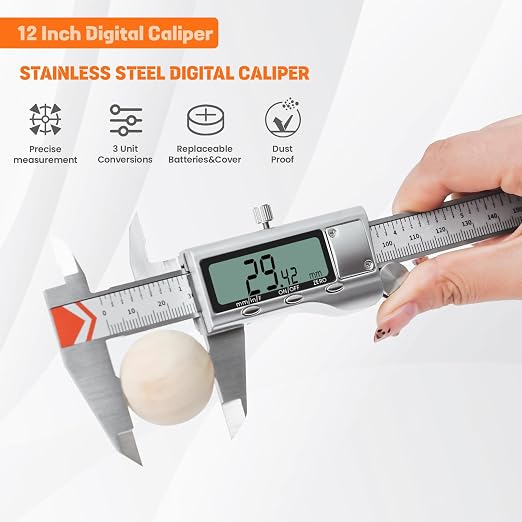 HARDELL 12" Digital Caliper, All-Metal Electronic Micrometer with Large LCD, Inch/Metric/Fraction Conversion, Precision Measuring Tool for Household & DIY (2 Batteries Included)