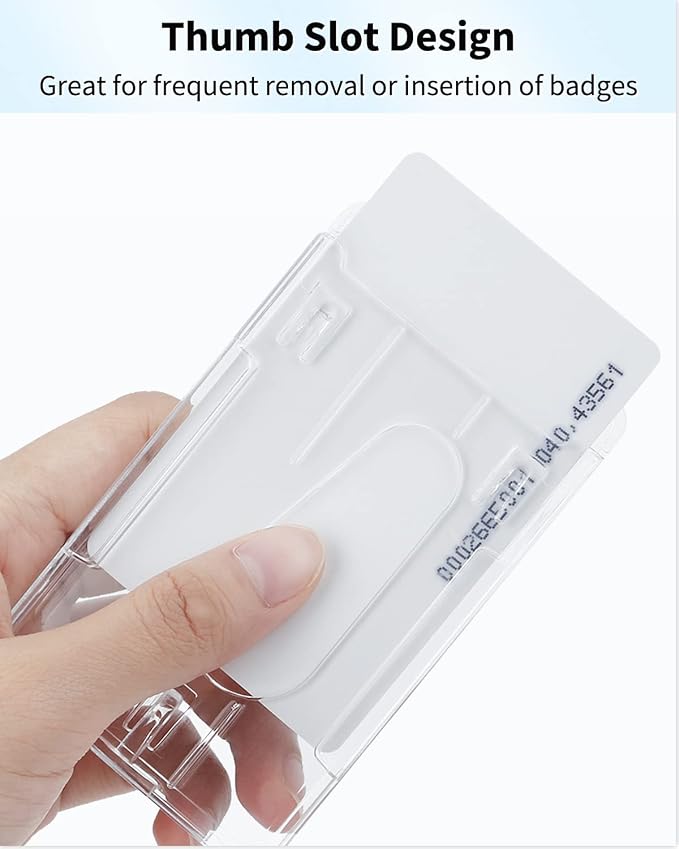 Pawfly 10 Pack Vertical 2-Card Badge Holders for Office IDs | Ten rigid transparent vertical holders fit 2 cards each; thumb slots make office IDs and access cards easy to remove