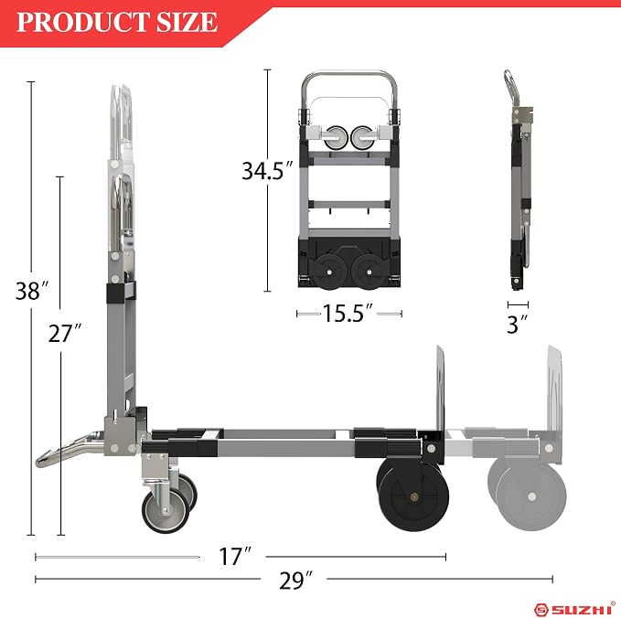 Suzhi Foldable Hand Truck Moving Dolly Cart with 4 Wheels, 500 Lbs Load,2 Straps, Pre-Assembled, Save Room, Easy Folding Dolly for Furniture, Appliances, Boxes, Warehouse & Office Transport