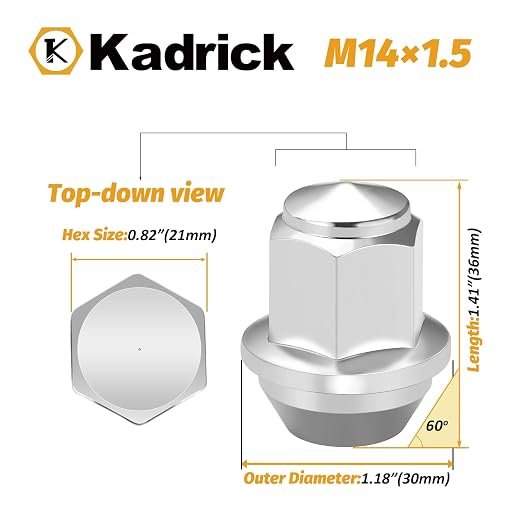 Kadrick 20pcs M14x1.5 Lug Nuts,One-Piece Solid Chrome OEM Factory Style, Replacement for 2015-2024 Edge Mustang Explorer Fusion/Lincoln MKZ MKX,Large Acorn Seat