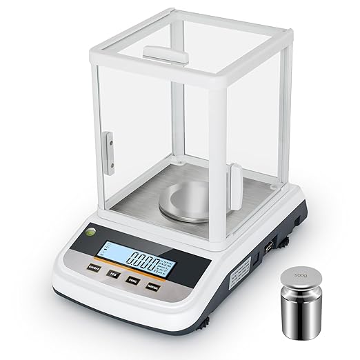 Lab Analytical Balance 500g x 0.001g Precision Digital Scale, with Windshield and RS232 Interface, for Scientific Laboratories, Research, Industrial, Kitchen, Food, Jewelry, 19 Units, 500g Weight
