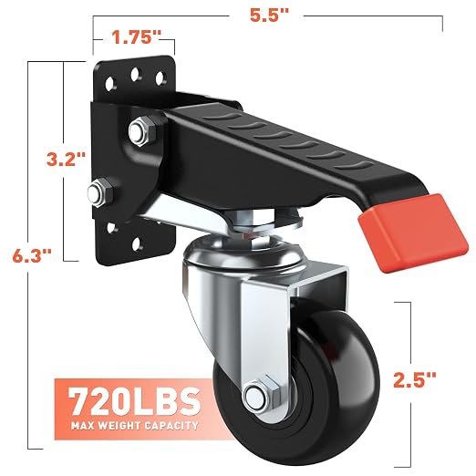 SPACEKEEPER Workbench Casters kit 720 Lbs Retractable Casters Heavy Duty Bench Caster Wheels Side Mounted Retractable Workbench Wheels Designed for Workbenches Machinery & Tables, 4 Pack