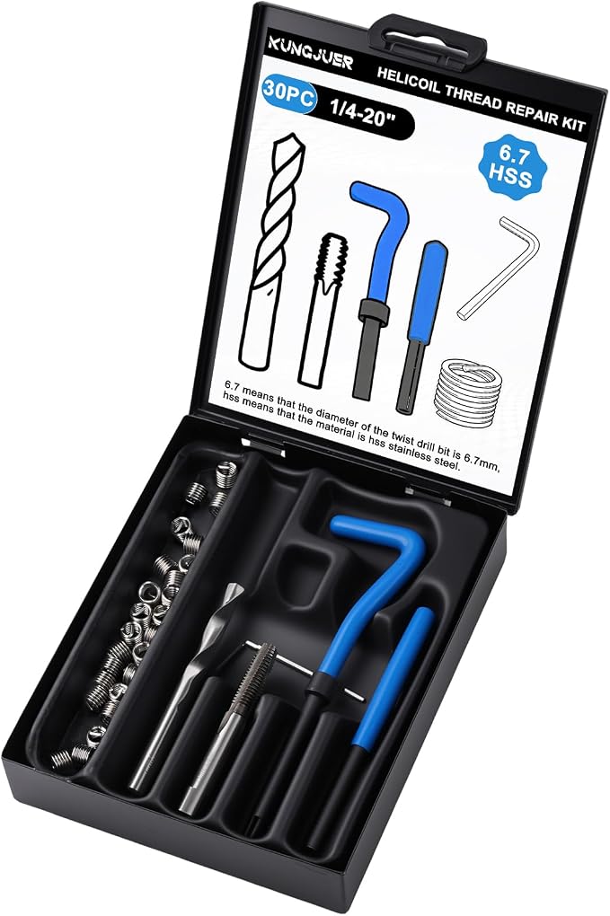 30PC SAE Helicoil Thread Repair Insert Kit， 1/4-20 inch Rethread | helicoil Thread Repair kit with HSS Drill Bits, Rethreading Inserts Tool Set for Damaged Thread Repairing with Carry Case