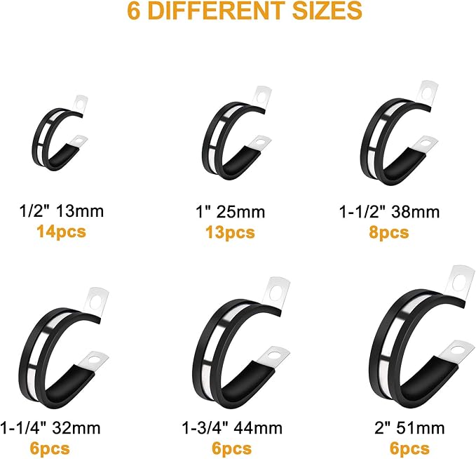 VIGRUE Cable Clamps Assortment Kit, 53PCS Large Rubber Pipe Clamps 304 Stainless Steel Rubber Cushion Wire Clamps in 6 Sizes 1/2'' 1'' 1.25'' 1.5'' 1.75'' 2''