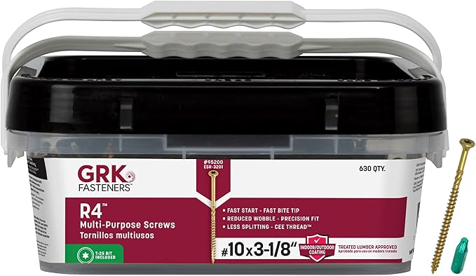 GRK Fasteners R4™ #10 x 3-1/8 Inch, Multi-Purpose Framing Screws, 630 PCS, Rust Resistant Climatek™ Coating, Outdoor Fencing and Deck Screws, Fast Bite Tip, Star Drive Recess, T-25 Bit Included, Gold
