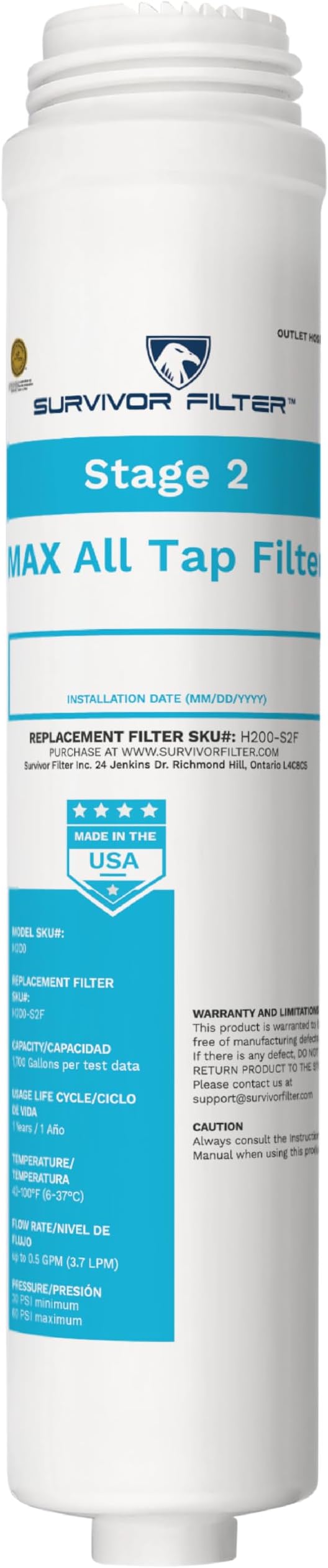 Survivor Filter Max, Stage 2 All Tap, Under Sink Water Filter Replacement | Chlorine & Metals Reduction, All Tap Water Types, Water Filter for Sink Faucet, Easy Installation, Made in USA