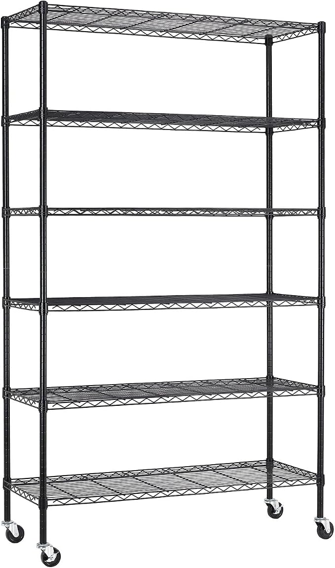 BestOffice | 6-Tier Wire Storage Shelves with Wheels | 18x45x82 | Black | Adjustable Racks | Heavy-Duty Metal Shelf, Holds Upto 2100 lbs | No-Tool Assembly | Ideal for Home & Garage Shelving