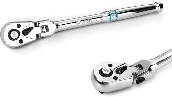 DURATECH 3/8-Inch Drive Flex-Head Ratchet, 90-Tooth Quick-Release Ratchet Wrench with 180° Pivoting Head and 7-Position Setting, Reversible, CR-V Made, CR-MO Head, 4° Swing, Full Polished, Men Gifts