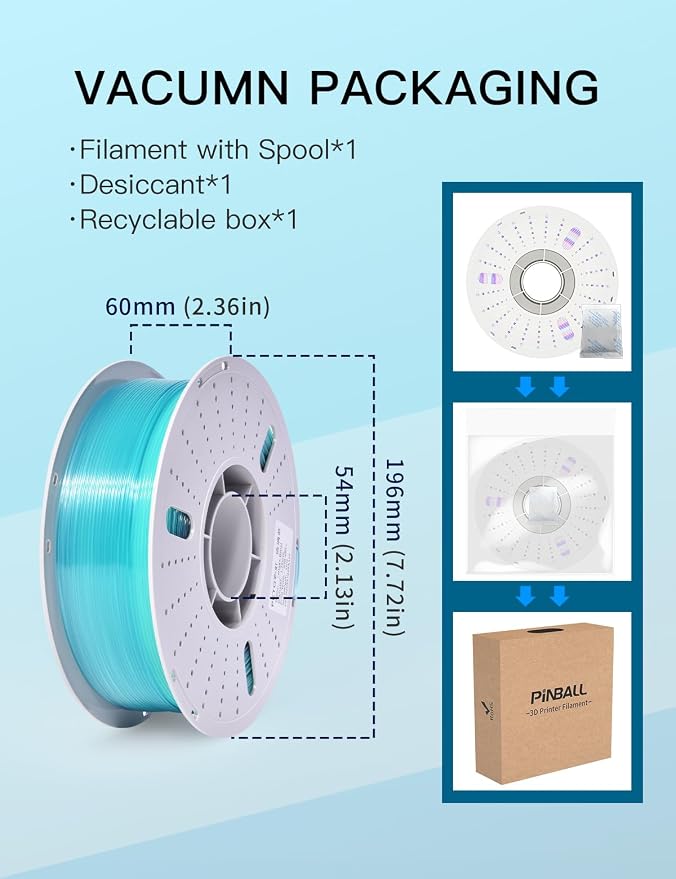 PINBALL PETG Rainbow Clear 3D Printer Filament 1.75mm, Multicolor Translucent PETG Filament, Accuracy +/- 0.02 mm, 1kg Spool (2.2lbs), Glass Blue