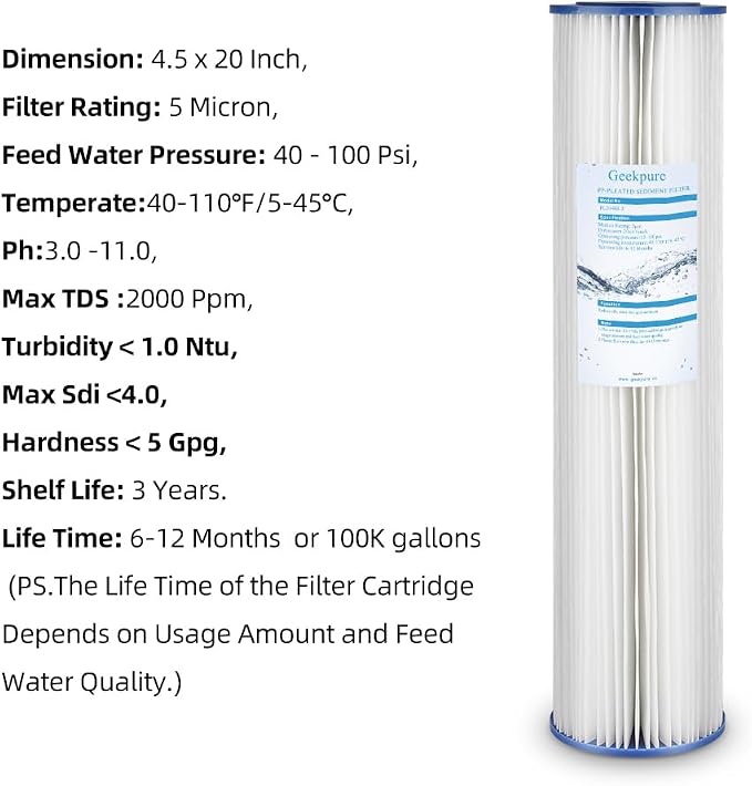 Geekpure Whole House Pleated PP Polypropylene Sediment Replacement Filters -4.5" x 20"-5 Micron -Pack of 4
