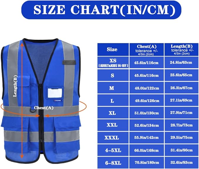 A-SAFETY Reflective Safety Vest with Mic Tabs, Black Front Zipper, Blue, L | Blue L safety vest with reinforced pockets, clear ID holder and mic tabs for electrical work and equipment maintenance.