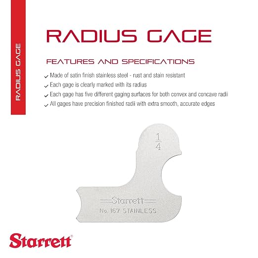 Starrett Individual Radius Gage for Both Convex and Concave Radii - Ideal for Carpenters and Constructions - Stainless Steel, 1/4" Radius Gage, Inch Reading - 167-1/4