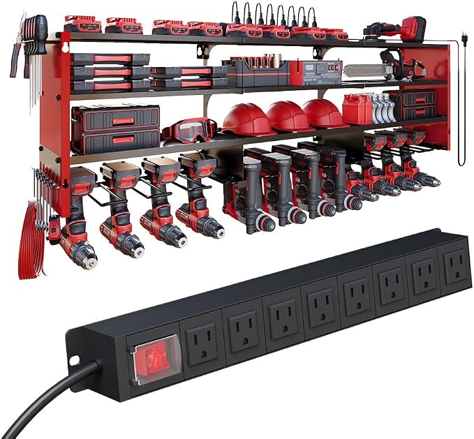 53" Power Tool Organizer Wall Mount with Power Strip, Heavy Duty Metal Tool Shelf, 400lbs Capacity for Cordless Drills, Batteries & Garage Storage (12 Slots with 8 Outlets Power Strip)
