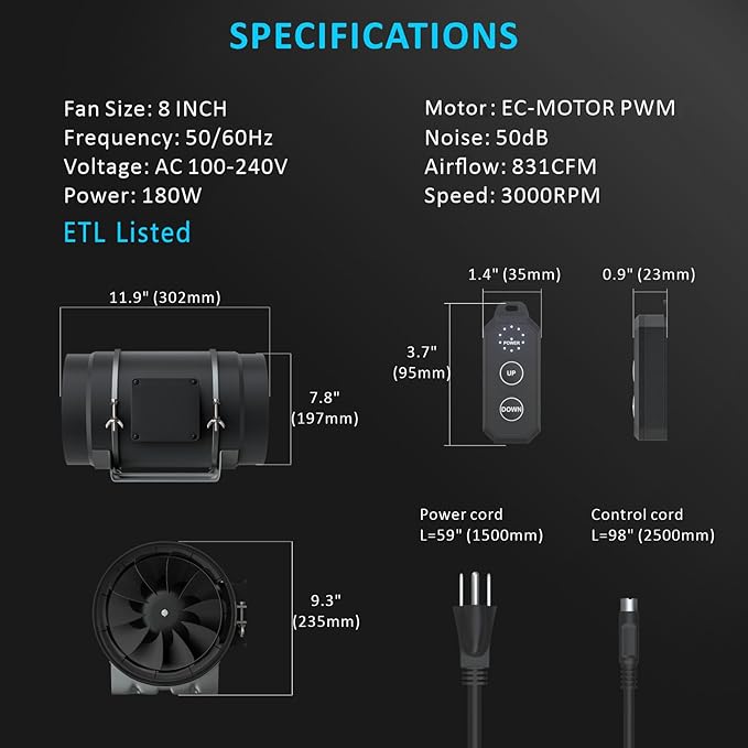 Toolazy 8 Inch Inline Duct Fan, 831 CFM High Airflow EC Motor Ventilation Fan with 10-Speed PWM Controller, Low Noise 50dB Mixed-Flow Exhaust Fan for Grow Room Greenhouse HVAC Commercial Ventilation