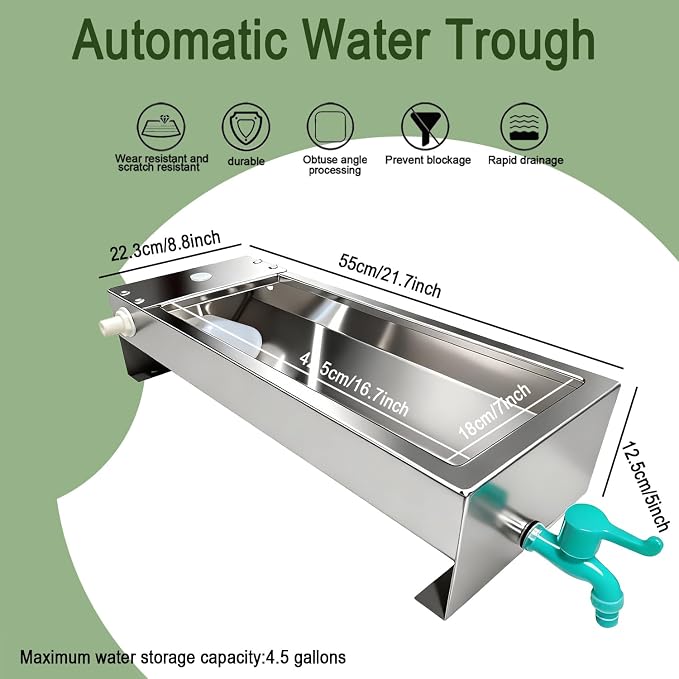 Automatic Livestock Water Trough 3 Gallons/12 Quart Livestock Animal Stainless Steel Automatic Waterer with Float Valve Kit for Goat Cattle Horse Hog Pigs Dog Outdoor, 22" L x8.6 W x 5.1" H