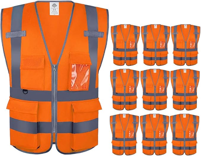 Dazonity Safety Vest with Pockets & Zipper, 10 Pcs,Reflective, for Construction(Orange-3XL)