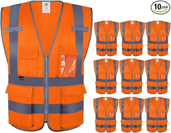 Dazonity Safety Vest with Pockets & Zipper, 10 Pcs,Reflective, for Construction(Orange-L)