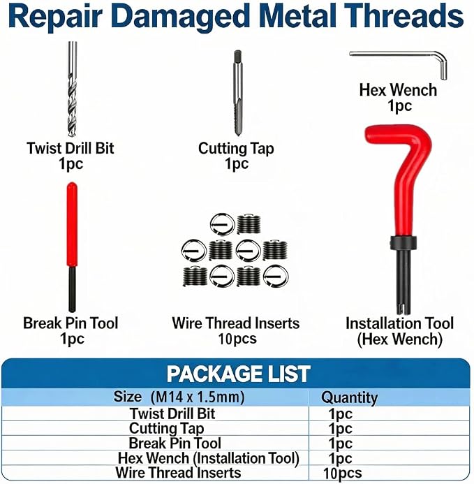 M14 X 1.5 Thread Repair Kit, Metric Helicoil Kit with HSS Drill Bit, 10PC Wire Thread Inserts
