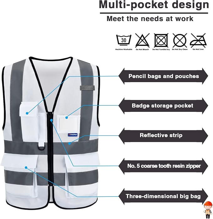 A-SAFETY Hi-Vis Reflective Vest with Reinforced Points, Zipper, White, 2XL | White 2XL Polyester work vest with 7 pockets, reinforced pockets and front zipper for authorized visitors; unisex workwear.