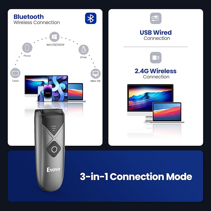 Eyoyo Bluetooth 2D&1D Barcode Scanner, Portable Wireless Mini Barcode Reader with 2.4G Wireless/Bluetooth/USB Wired Connection QR Code Scanner Compatible with Pad, Phone, Android, Tablet PC