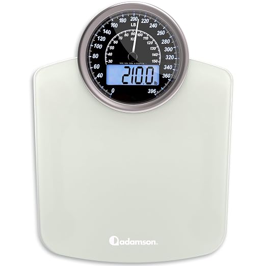 Hybrid Bathroom Scale - Analog & Digital Display, Accurate to 400 lbs | See weight on both an analog dial and digital LCD at once. Wide glass platform, accurate to 0.2 lbs, batteries included.