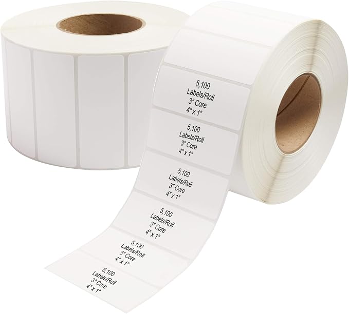 Industrial Thermal Transfer Labels 4x1 for Barcode Shipping, Ribbon Required, 3 Inch Core, 2 Rolls/Case 5100 per Roll, Perforated, Compatible with Thermal Transfer Printers