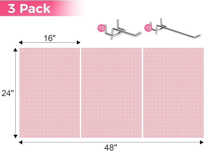3 Pcs 24”×16”Metal Pegboard Panels, Heavy Duty Peg Boards with Hooks, Steel Organization Panels for Garden Tool Storage, Walls Home, Office, Pink