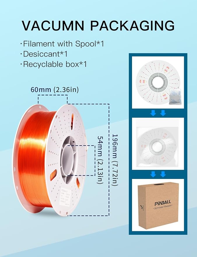 PINBALL Clear PETG 3D Printer Filament 1.75mm ±0.02mm, Multicolor Transparent Rainbow Filament, Translucent PETG Filament, 1KG/2.2lbs