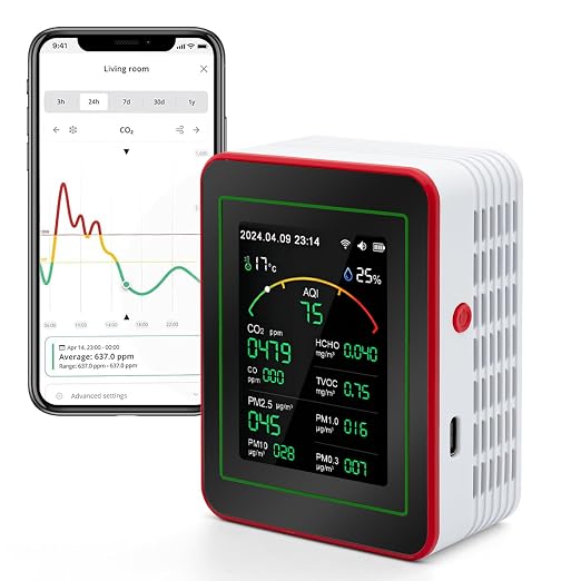 15-in-1 Air Quality Monitor Indoor with WiFi, CO2 HCHO PM TVOC AQI Temperature Humidity Sensor, Real-Time Display, App Control, Portable for Home & Office