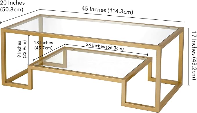 Henn&Hart 45" Rectangular Coffee Table with Glass Top and Raised Lower Shelf for Living Room, Family Room, or Office, Gold