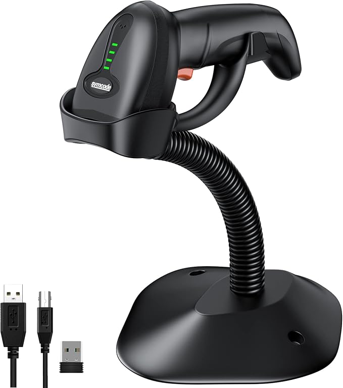 Symcode Bluetooth Wireless Barcode Scanner with Auto-Sensing Stand,Putting on Stand to Scan Automatically Sense Scanning 2D QR Bluetooth Barcode Scanner with Battery Level Indicator More-to-one Mode