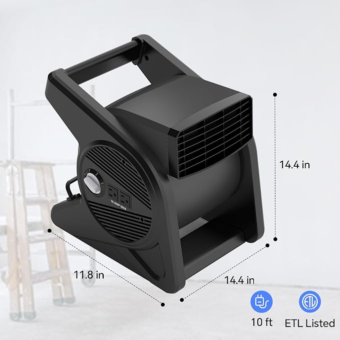 shinic 15" Utility Pivoting Blower Fan, High Velocity Floor Blower with 2 120V Outlets, 3 Speeds Utility Fans Air Mover, Ideal for Work Shop Garage Gym Jobsite, Floor & Carpet Drying Use(Black)