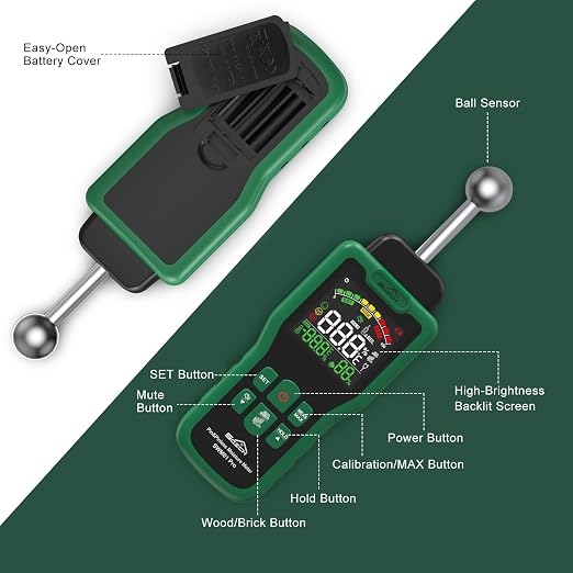 Moisture Meter, SQECH Pin&Pinless Moisture Meter with Thermometer, Alarm, Multifunctional Wood Moisture Meter with Color LCD, Needle Sensor for Walls, Wood, Masonry, Caravans, Apartments