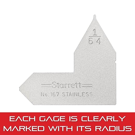 Starrett Individual Radius Gage for Both Convex and Concave Radii - Ideal for Carpenters and Constructions - Stainless Steel, 1/64" Radius Gage, Inch Reading - 167-1/64
