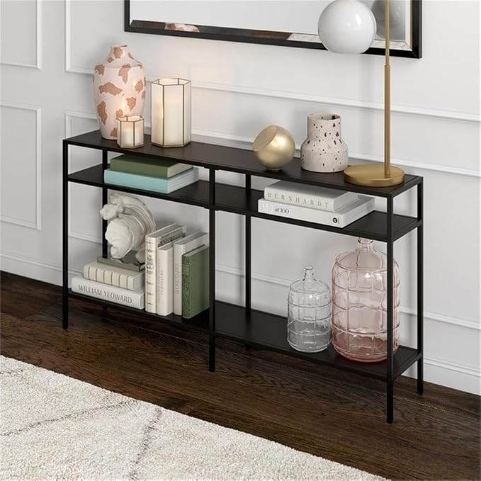 Henn&Hart 55" Wide Rectangular Console Table with Metal Shelves in Blackened Bronze, Entryway Table, Accent Table for Living Room, Hallway | Industrial-style with open metal shelving and durable metal construction for entryways, living rooms, hallways,...