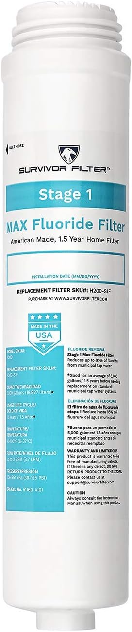 Survivor Filter Max, Stage 1 Fluoride, Under Sink Water Filter Replacement | Reduces Fluoride, Municipal Tap Water, Water Filter for Sink Faucet, Easy Installation, Made in USA