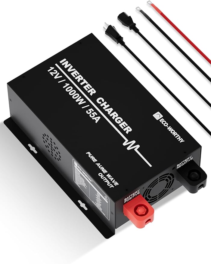 ECO-WORTHY 1000W Pure Sine Wave Inverter Charger, Power Inverter with 55A LiFePO4 Battery Charger with 20ms UPS,12V to 110V for RV Home Roadtrip Essentials Deep Cycle Rechargeable Battery