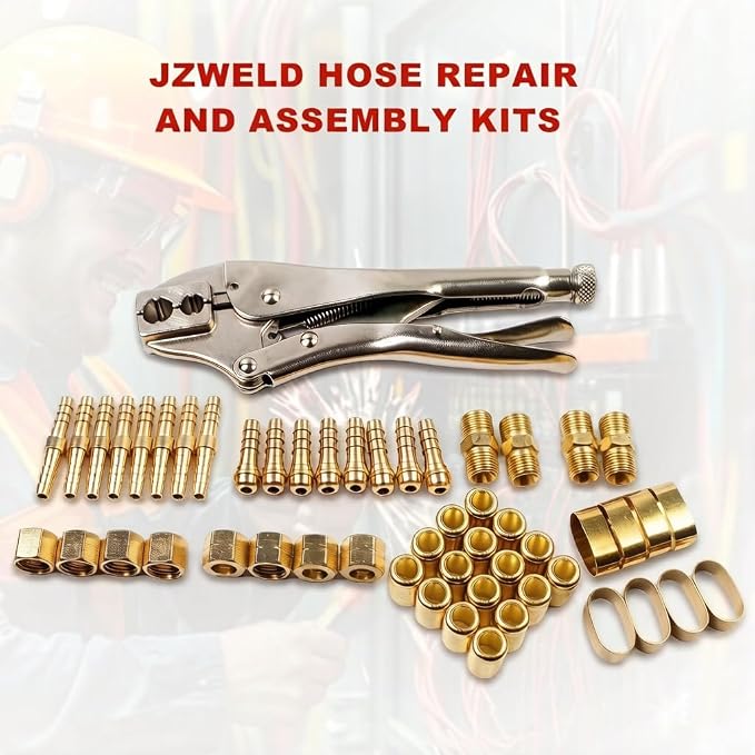 Hose Repair and Assembly Kits, 1/4" ID Torch Hose Repair Parts Kit, Oxygen Acetylene Welding Hose 'B' Size Fittings with Crimper, Welding Hose Repair and Installation Kit