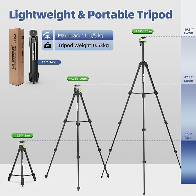Huepar 60-Inch Lightweight Tripod Portable Adjustable Tripod for Laser Level with 3-Way Swivel Pan Head, 2 Bubble Levels, 1/4" and 5/8" Thread Mount for Varieties Tools, Only for Indoor Basic Work