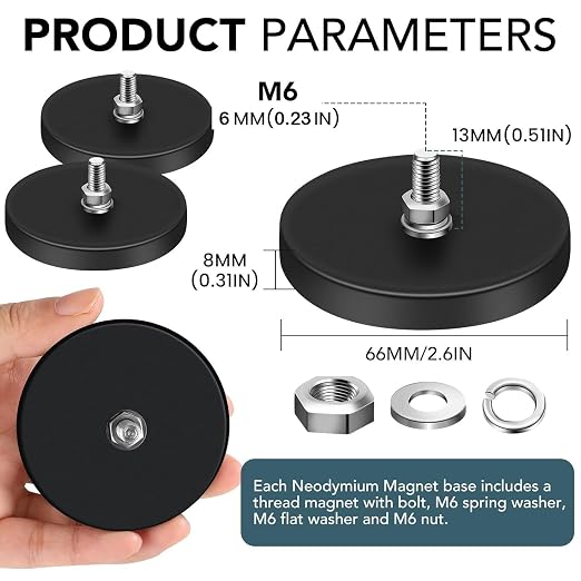 DIYMAG 6Pcs Rubber Coated Magnets, 2.6 Inch Adhesive Power 65LBS Anti-Scratch Neodymium Magnet Base with M6 Threaded Studs and Nuts, Strong Magnets Hold for Light Bar, Mirror, Camera, PTZ
