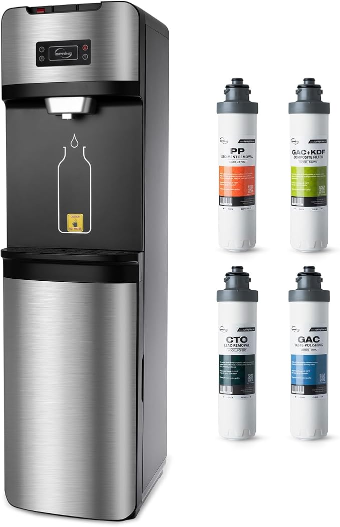 iSpring Bottleless Water Dispenser with 4-Stage Filtration, SGS-Tested 99% of Lead Removal, Water Cooler Dispenser - Hot, Cold, Room Temp, Self Cleaning, Stainless Steel, Silver, Model: DS4S-PB