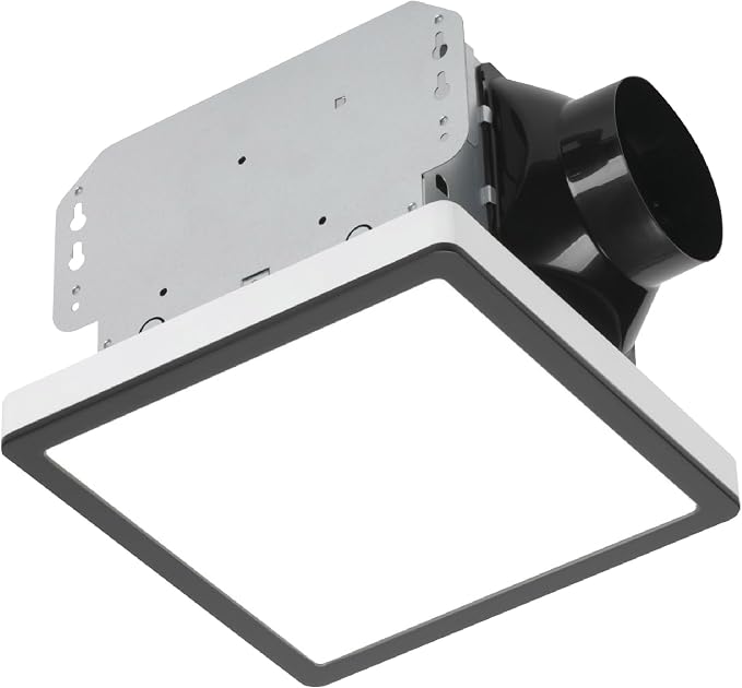 Homewerks 7105-12-MB Bathroom Fan with Light 100-CFM 2 Sones Matte Black Square Ventilation Fan with Dimmable LED Light and Magnetic Trim Ring