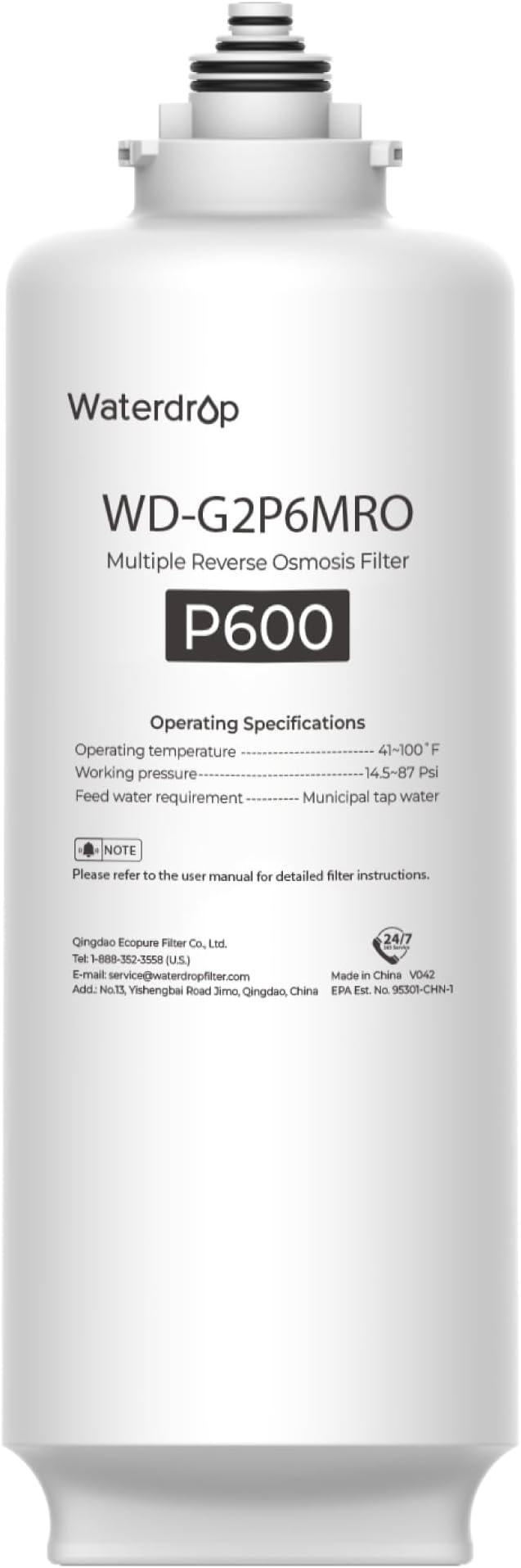 Waterdrop G2P6MRO Filter, Replacement for G2P600 RO System, 2-Year Lifetime | Only Compatible with G2P600 RO System, Under-Sink RO Water Filter, Long Lifespan, High Capacity, Easy Replacement