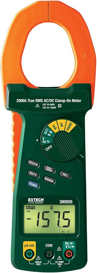 Extech 380926 True RMS 2000A AC/DC Clamp Meter | 2in jaw fits 500MCM, AC/DC volts/amps, resistance, capacitance, frequency, backlit, leads, case