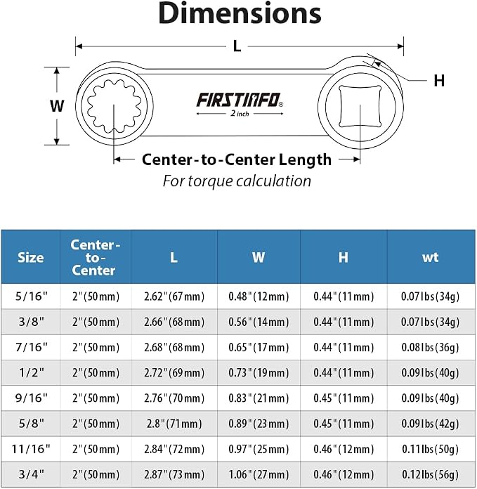 FIRSTINFO 8-Piece 3/8" Drive SAE 12-Point Box End Torque Adapter Set | 5/16-3/4 in sizes • 2 in center-to-center length • CR-V steel • Blow-mold case & tray • Made in Taiwan